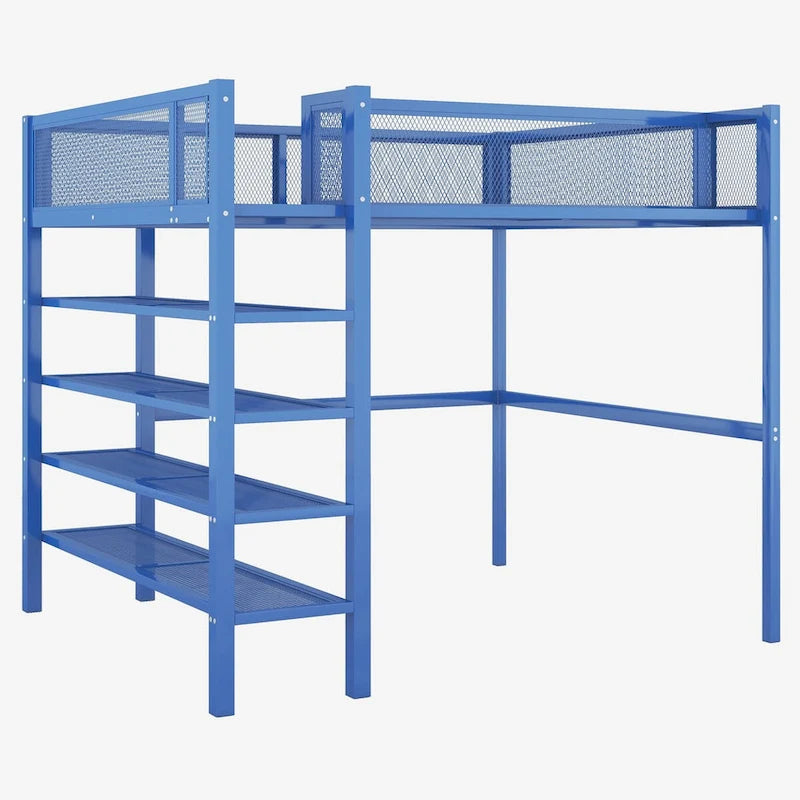 Full Size Metal Loft Bed with 4-Tier Shelves and Storage