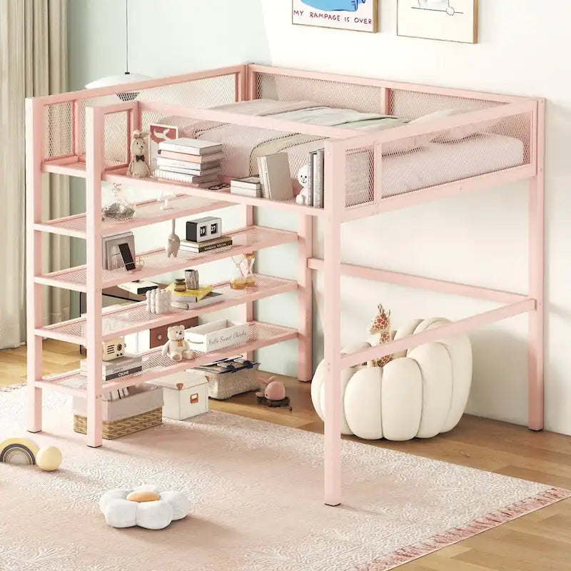 Full Size Metal Loft Bed with 4-Tier Shelves and Storage