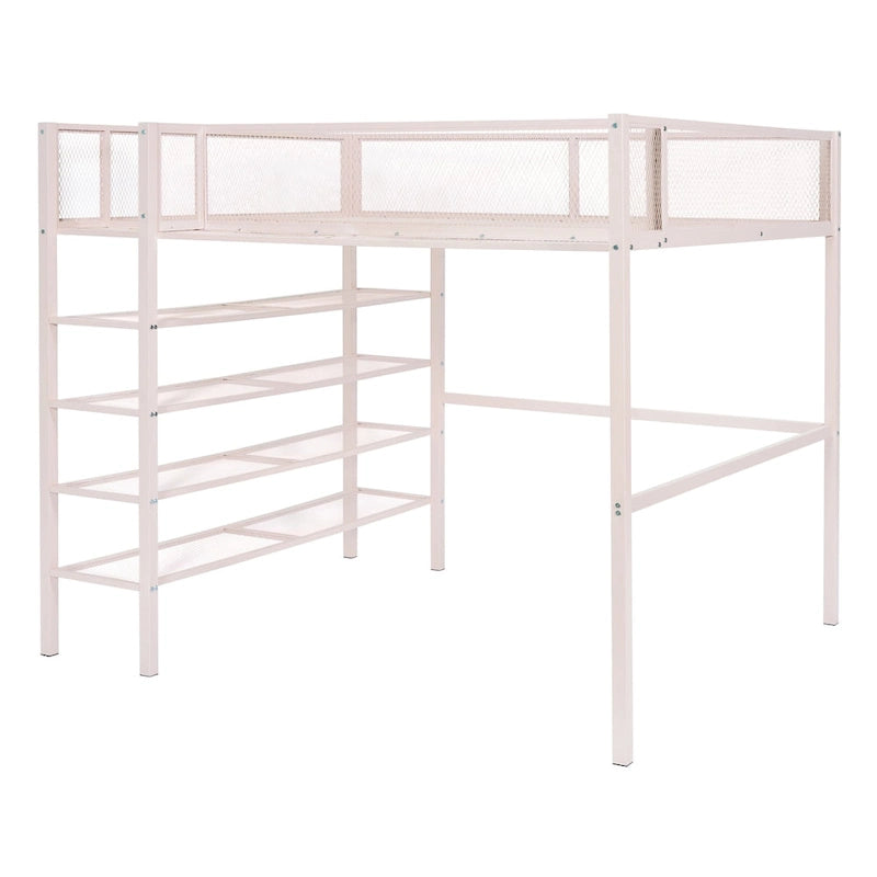 Full Size Metal Loft Bed with 4-Tier Shelves and Storage