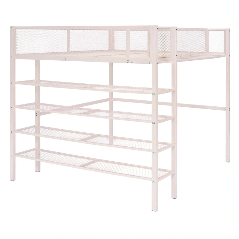 Full Size Metal Loft Bed with 4-Tier Shelves and Storage