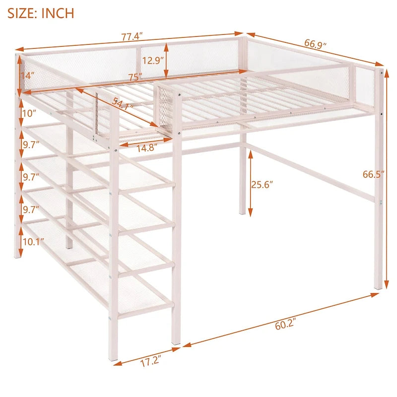 Full Size Metal Loft Bed with 4-Tier Shelves and Storage