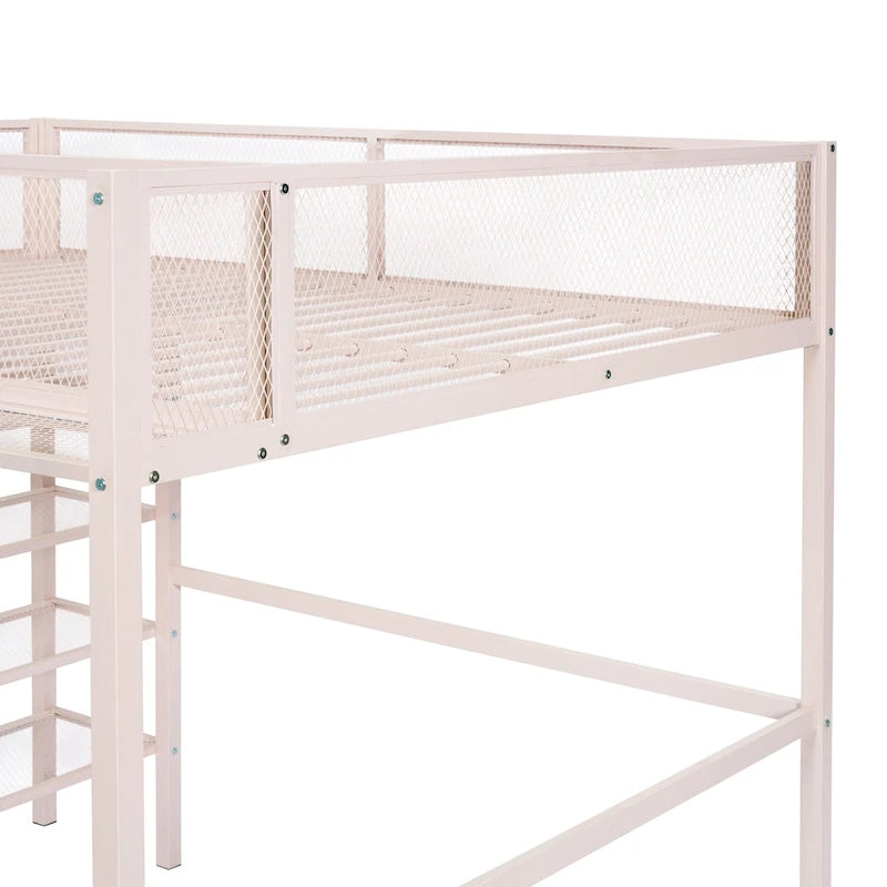 Full Size Metal Loft Bed with 4-Tier Shelves and Storage