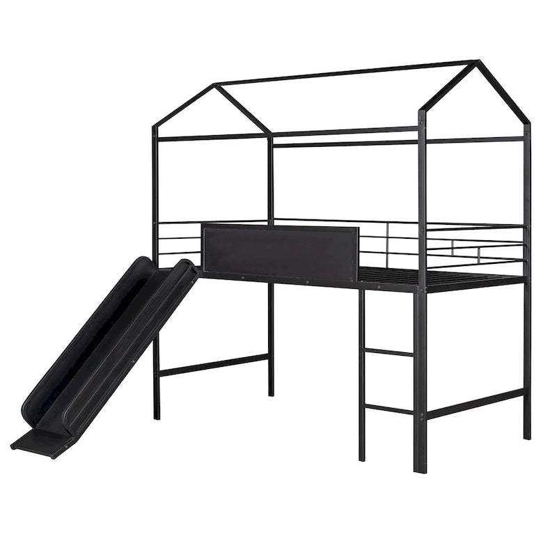 Metal House Bed with Slide, Metal Loft Bed with Two-sided Writable Wooden Board
