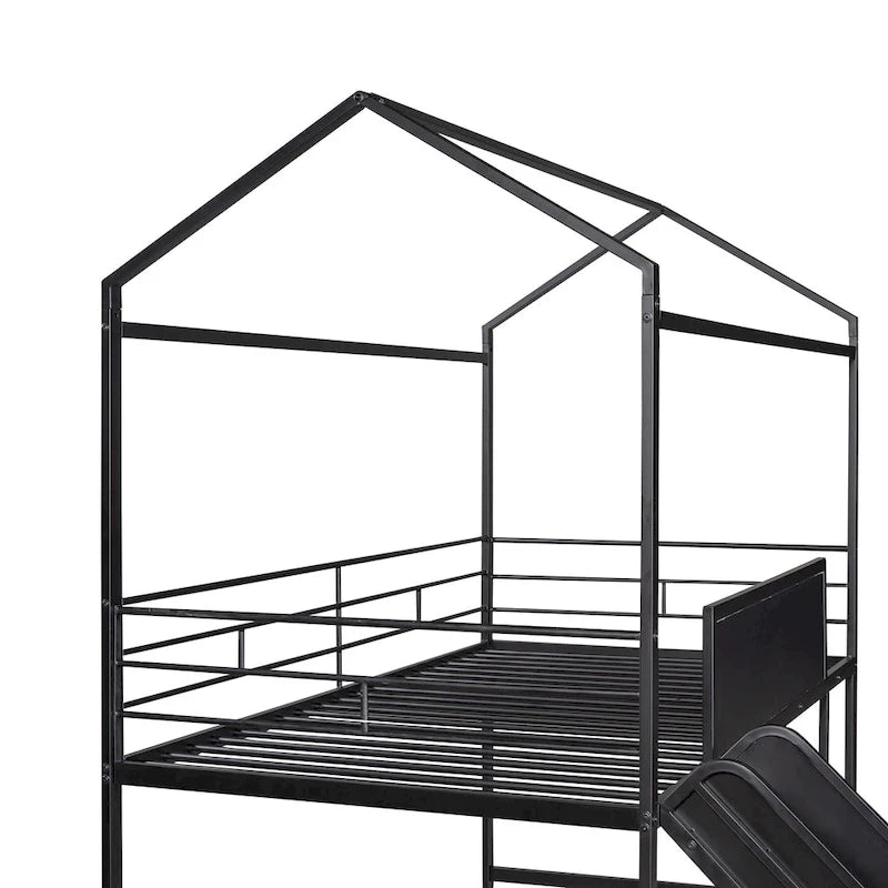 Metal House Bed with Slide, Metal Loft Bed with Two-sided Writable Wooden Board