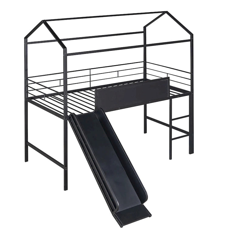 Metal House Bed with Slide, Metal Loft Bed with Two-sided Writable Wooden Board