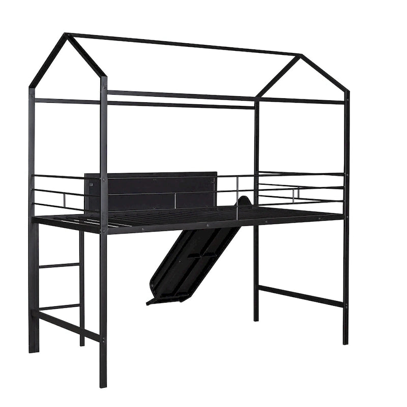 Metal House Bed with Slide, Metal Loft Bed with Two-sided Writable Wooden Board