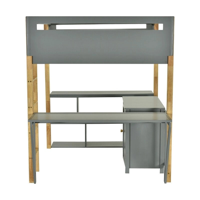 Full Size Wood Loft Bed With Built-in Storage Cabinet and Cubes, Foldable desk