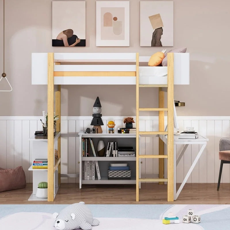 Full Size Wood Loft Bed With Built-in Storage Cabinet and Cubes, Foldable desk
