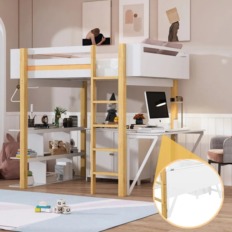 Full Size Wood Loft Bed With Built-in Storage Cabinet and Cubes, Foldable desk