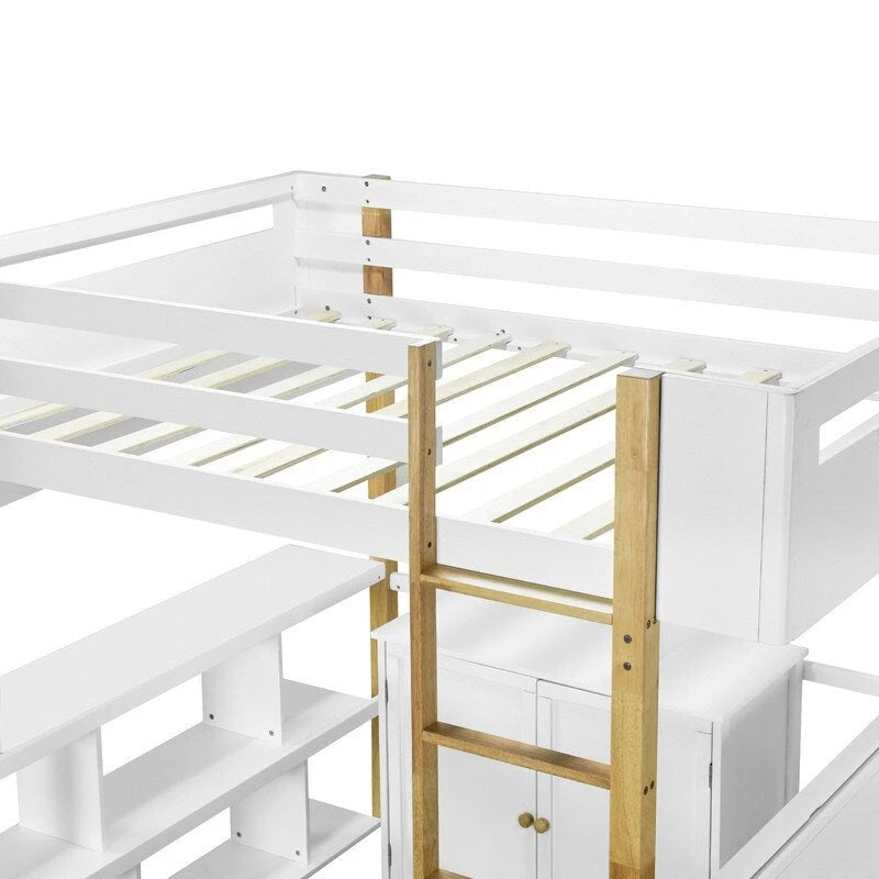 Full Size Wood Loft Bed With Built-in Storage Cabinet and Cubes, Foldable desk