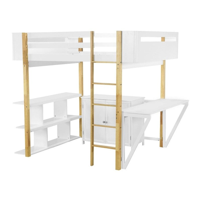 Full Size Wood Loft Bed With Built-in Storage Cabinet and Cubes, Foldable desk