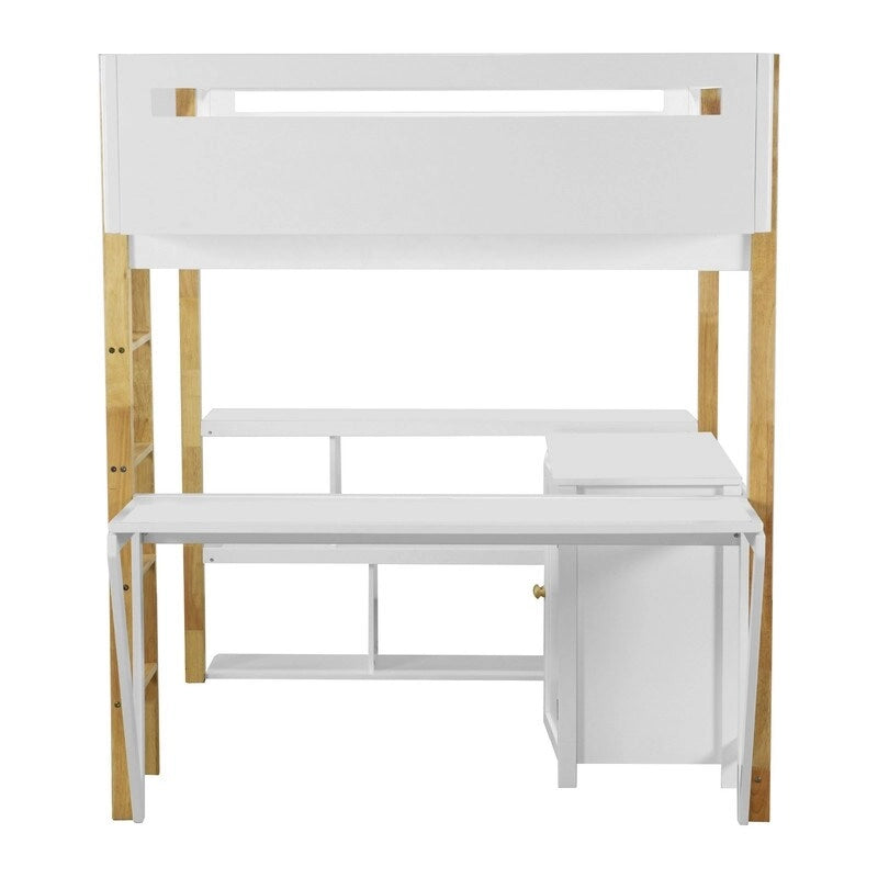 Full Size Wood Loft Bed With Built-in Storage Cabinet and Cubes, Foldable desk