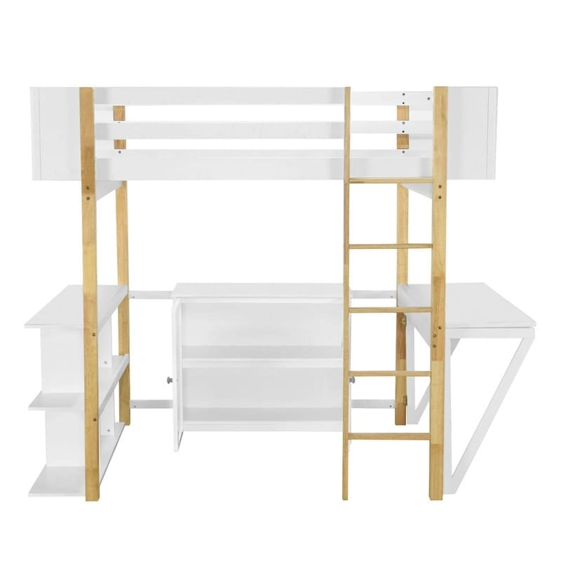 Full Size Wood Loft Bed With Built-in Storage Cabinet and Cubes, Foldable desk