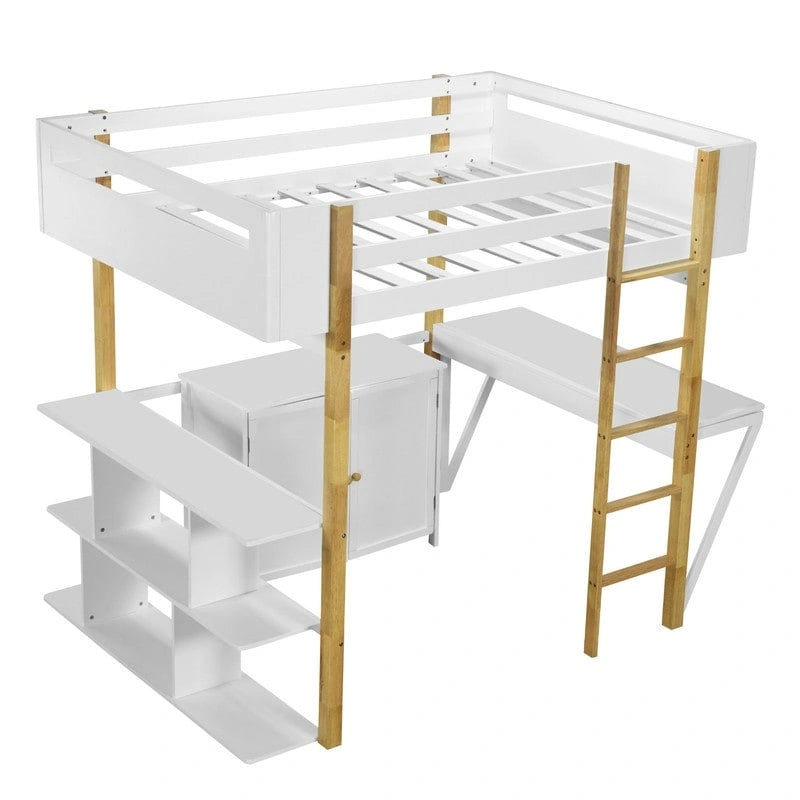 Full Size Wood Loft Bed With Built-in Storage Cabinet and Cubes, Foldable desk