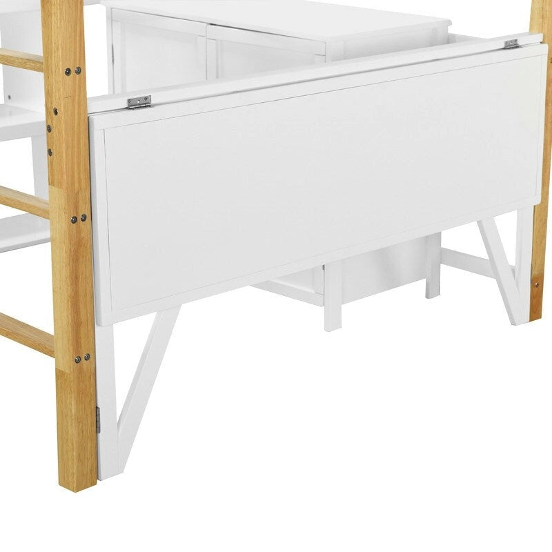 Full Size Wood Loft Bed With Built-in Storage Cabinet and Cubes, Foldable desk