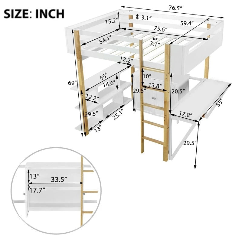 Full Size Wood Loft Bed With Built-in Storage Cabinet and Cubes, Foldable desk