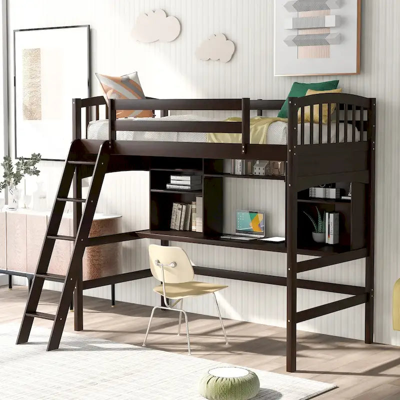 Loft Bed with Storage Shelves, Desk and Ladder