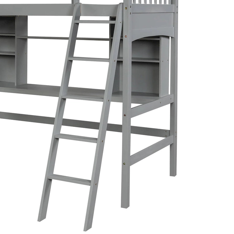 Loft Bed with Storage Shelves, Desk and Ladder