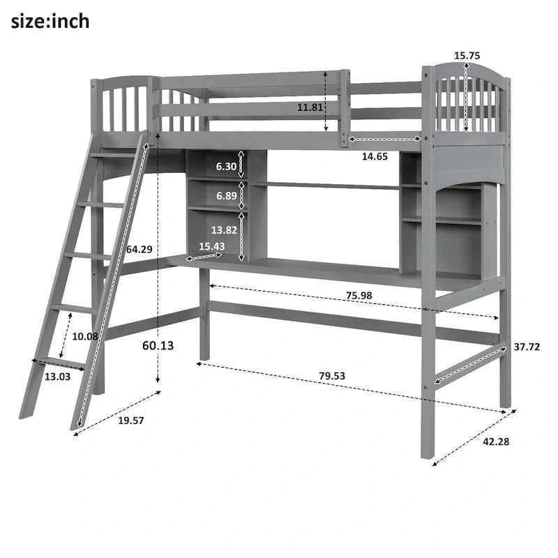 Loft Bed with Storage Shelves, Desk and Ladder