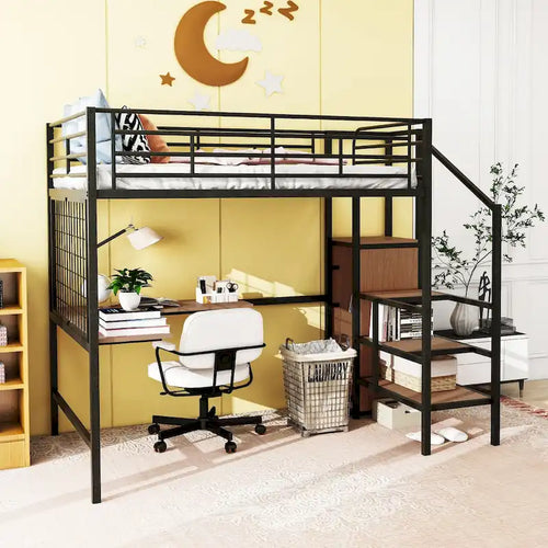 Full Size Metal Loft Bed with Desk and Metal Grid, Stylish Metal Frame Bed with Lateral Storage Ladder and Wardrobe