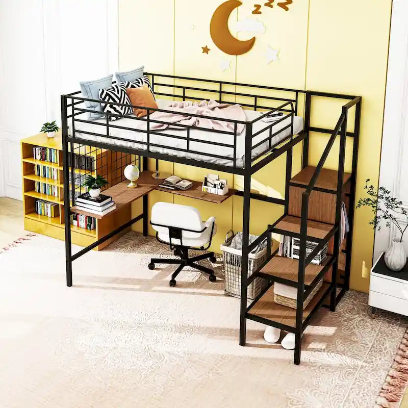 Full Size Metal Loft Bed with Desk and Metal Grid, Stylish Metal Frame Bed with Lateral Storage Ladder and Wardrobe
