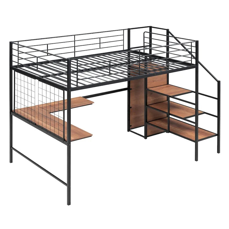 Full Size Metal Loft Bed with Desk and Metal Grid, Stylish Metal Frame Bed with Lateral Storage Ladder and Wardrobe