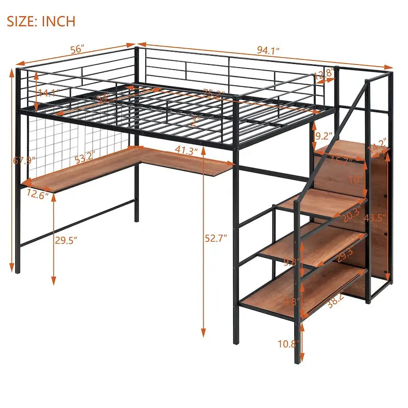 Full Size Metal Loft Bed with Desk and Metal Grid, Stylish Metal Frame Bed with Lateral Storage Ladder and Wardrobe