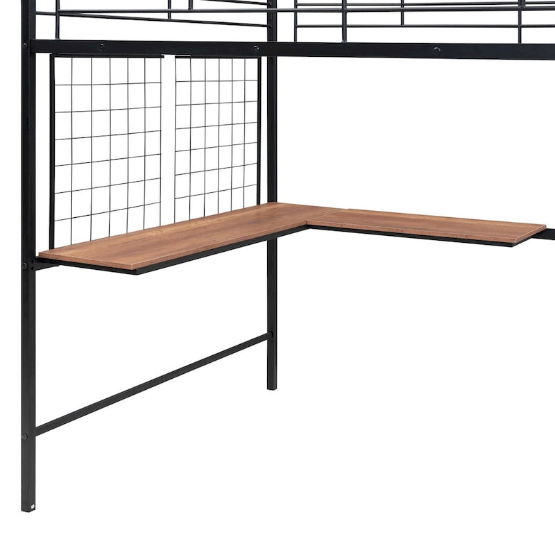 Full Size Metal Loft Bed with Desk and Metal Grid, Stylish Metal Frame Bed with Lateral Storage Ladder and Wardrobe