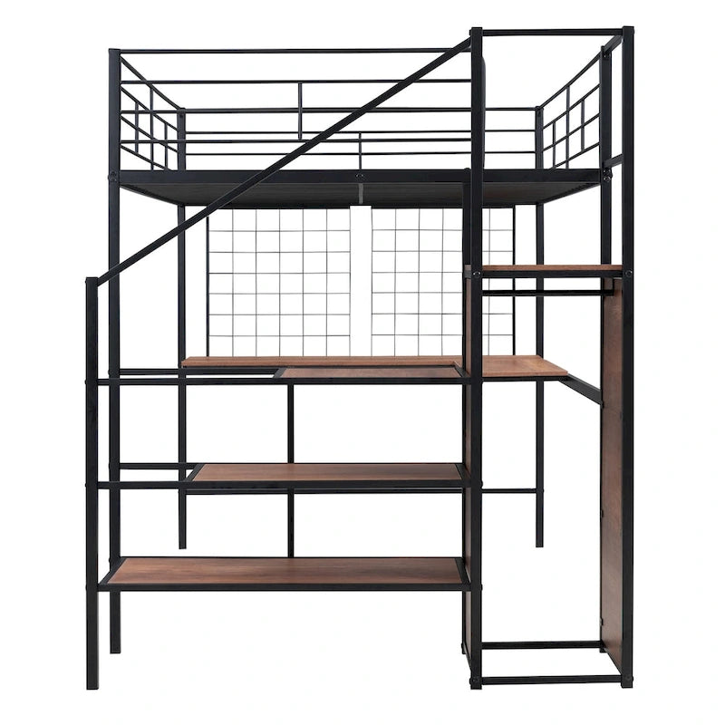 Full Size Metal Loft Bed with Desk and Metal Grid, Stylish Metal Frame Bed with Lateral Storage Ladder and Wardrobe