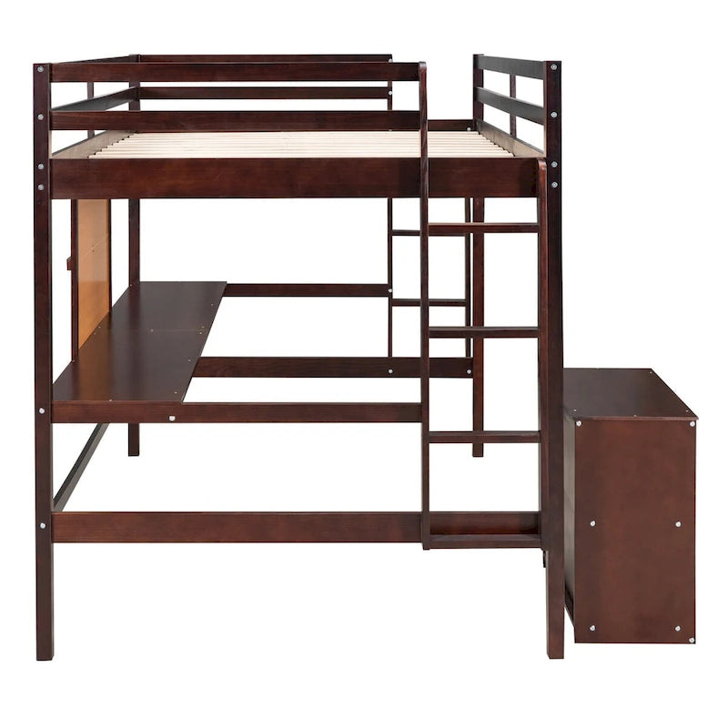 Lit mezzanine en bois format double avec bureau, tableau d’écriture et caisson à 2 tiroirs