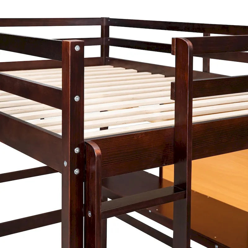 Full Size Wooden Loft Bed with Desk and Writing Board & 2 Drawers Cabinet