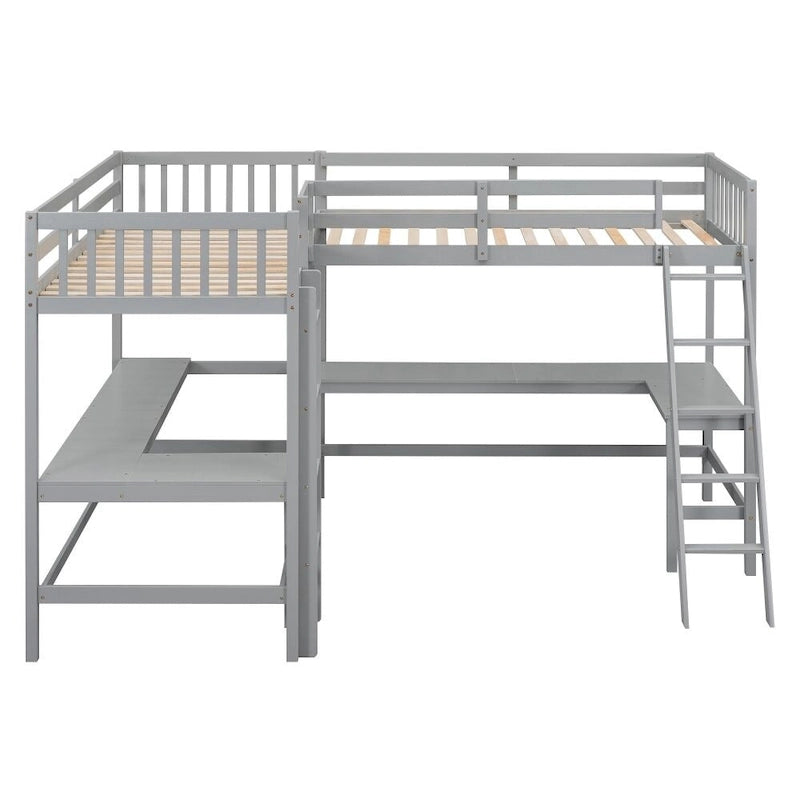 Cama alta de madera tamaño individual en forma de L con escalera y 2 escritorios incorporados en forma de L