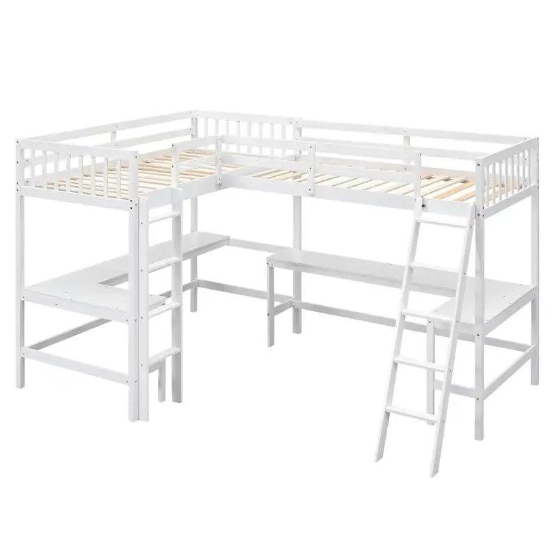 Cama alta de madera tamaño individual en forma de L con escalera y 2 escritorios incorporados en forma de L