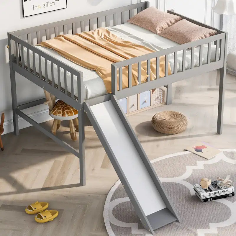 Solid Wood Full Size Low Loft Bed with Ladder and Slide