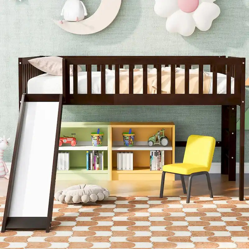 Solid Wood Full Size Low Loft Bed with Ladder and Slide
