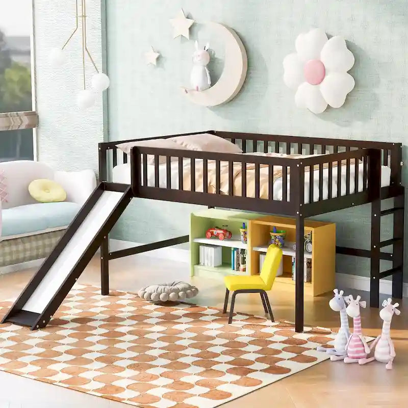 Solid Wood Full Size Low Loft Bed with Ladder and Slide