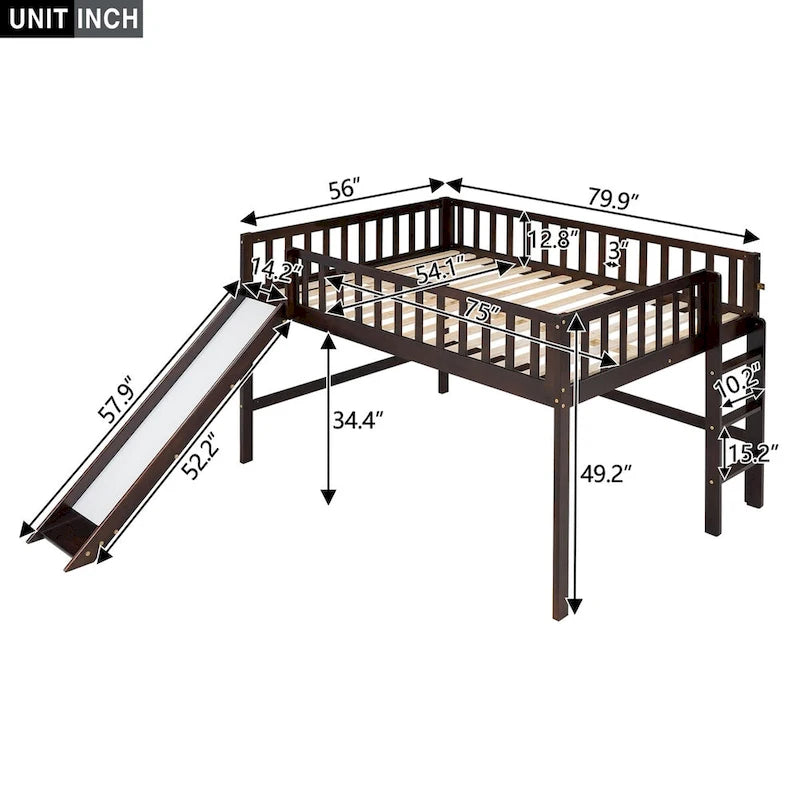 Solid Wood Full Size Low Loft Bed with Ladder and Slide