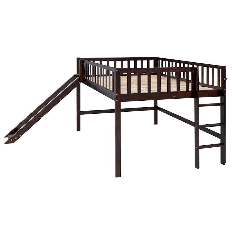 Solid Wood Full Size Low Loft Bed with Ladder and Slide