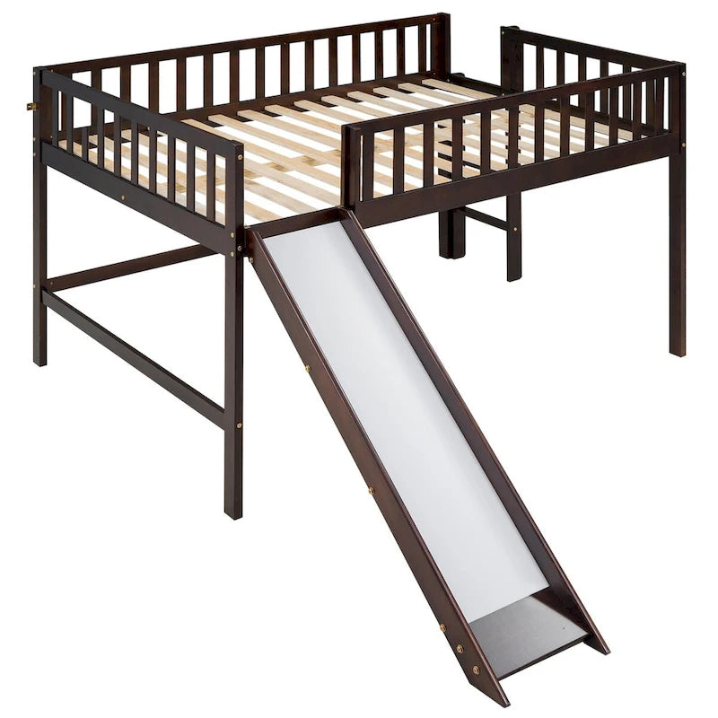 Solid Wood Full Size Low Loft Bed with Ladder and Slide