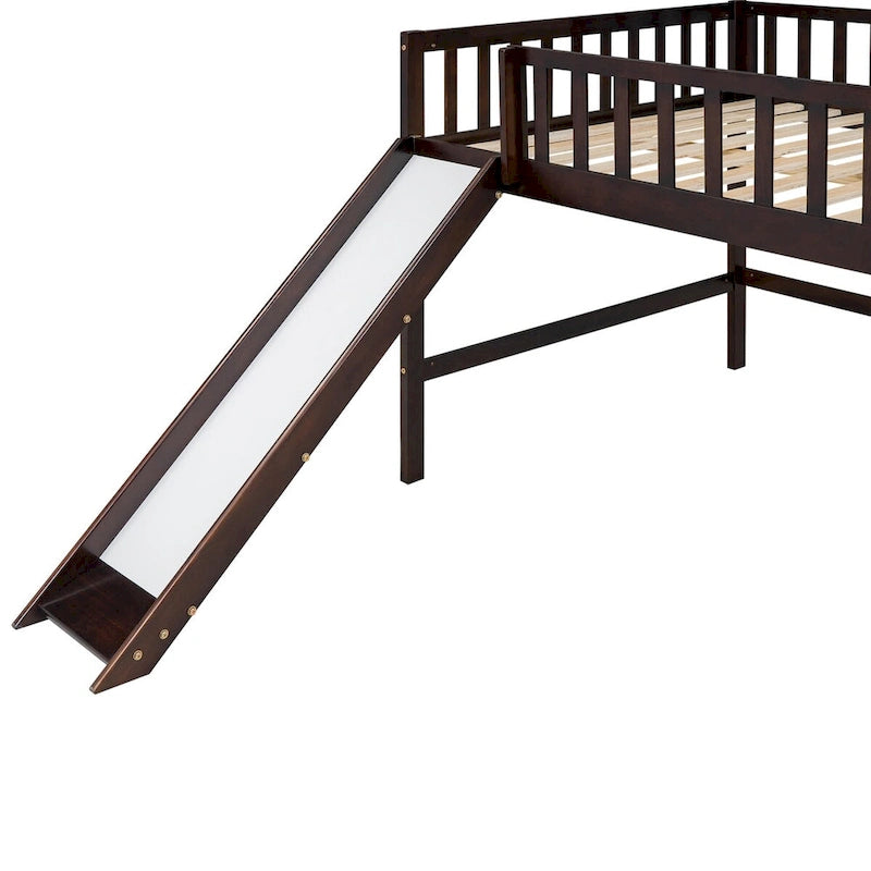 Solid Wood Full Size Low Loft Bed with Ladder and Slide