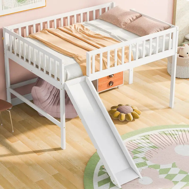 Solid Wood Full Size Low Loft Bed with Ladder and Slide