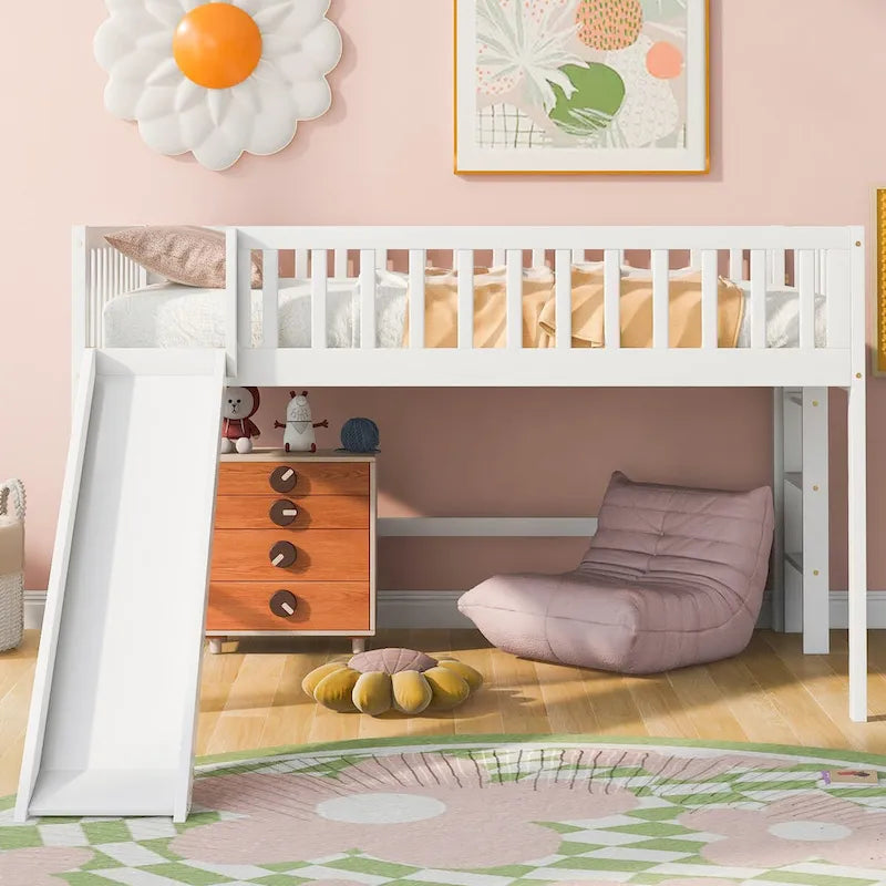 Solid Wood Full Size Low Loft Bed with Ladder and Slide