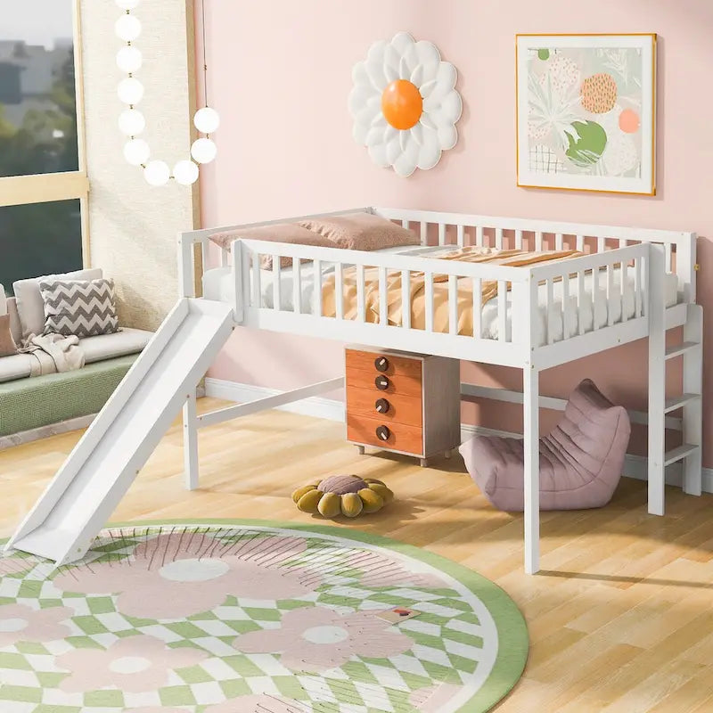 Solid Wood Full Size Low Loft Bed with Ladder and Slide