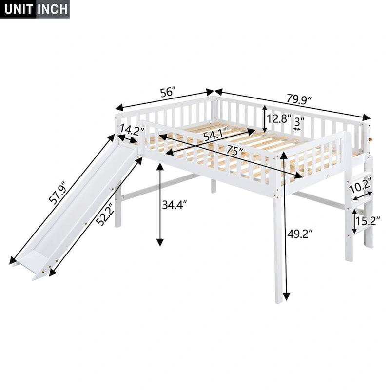 Solid Wood Full Size Low Loft Bed with Ladder and Slide