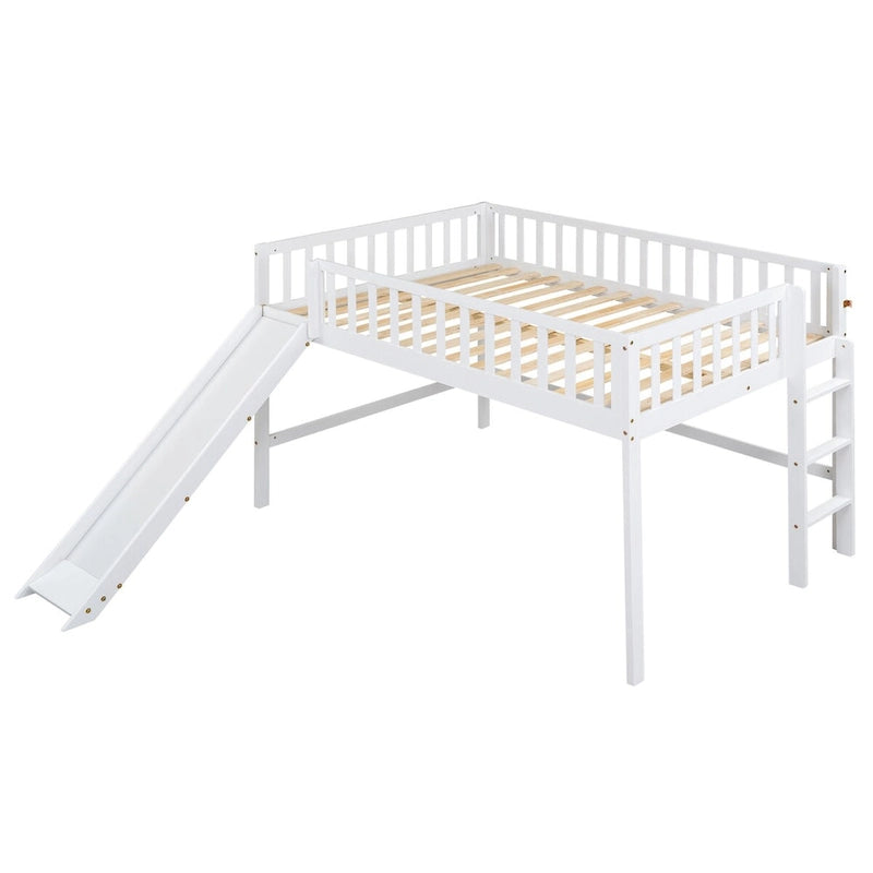 Solid Wood Full Size Low Loft Bed with Ladder and Slide