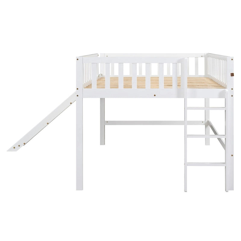 Solid Wood Full Size Low Loft Bed with Ladder and Slide