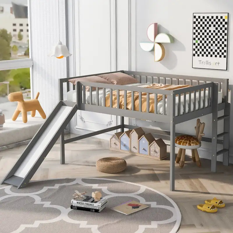 Solid Wood Full Size Low Loft Bed with Ladder and Slide