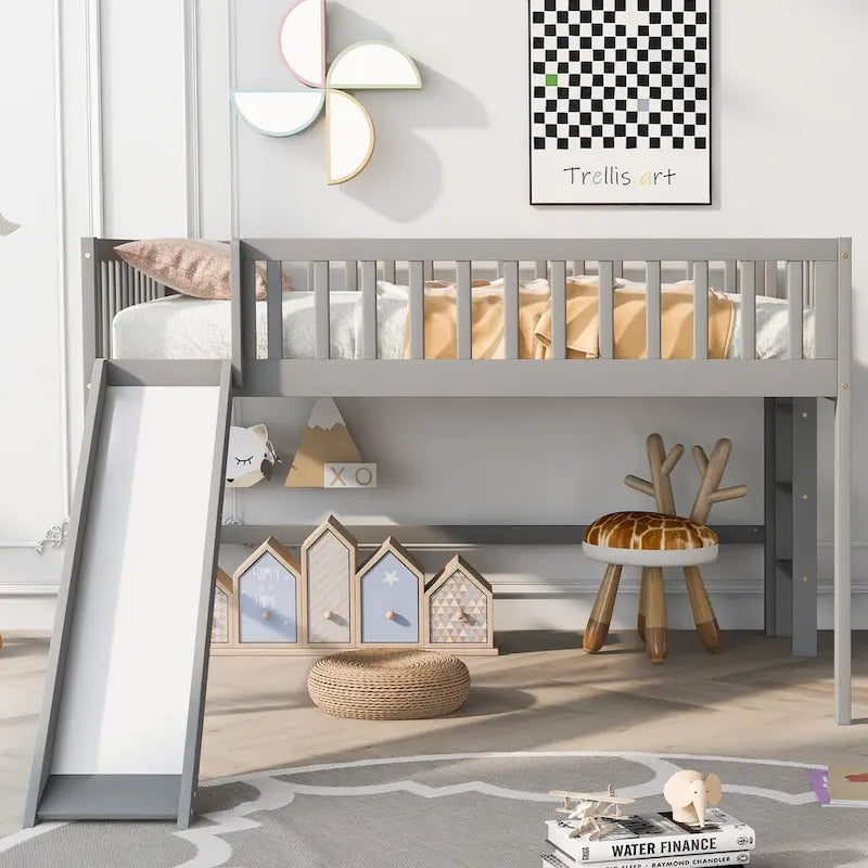 Solid Wood Full Size Low Loft Bed with Ladder and Slide