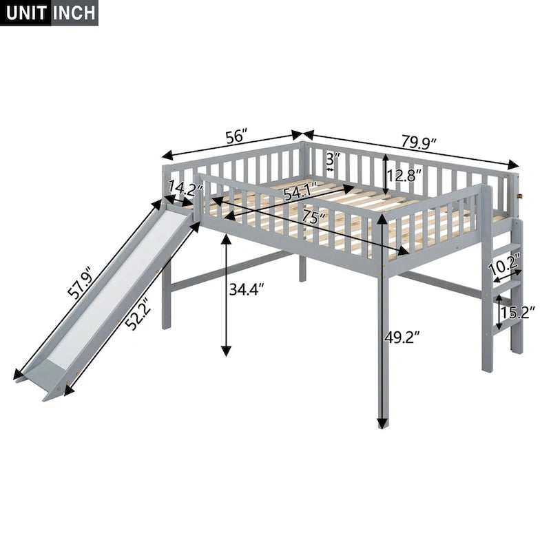 Solid Wood Full Size Low Loft Bed with Ladder and Slide