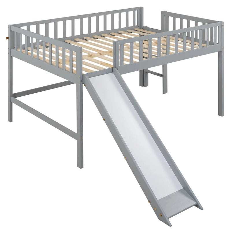 Solid Wood Full Size Low Loft Bed with Ladder and Slide